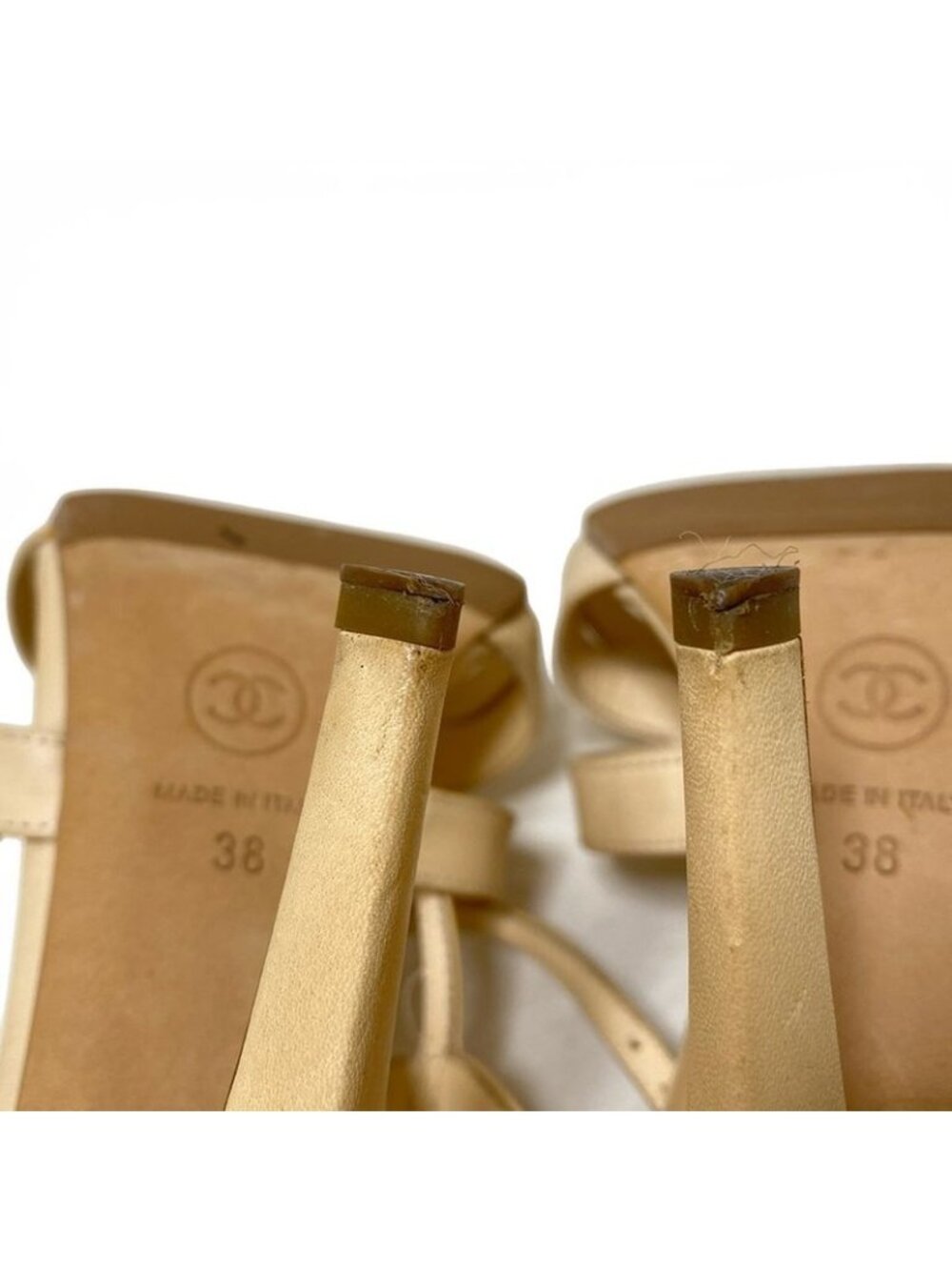 Chanel Sandals 38 Beige Coco Mark Outsole Reupholstered Leather - Picture 8 of 12